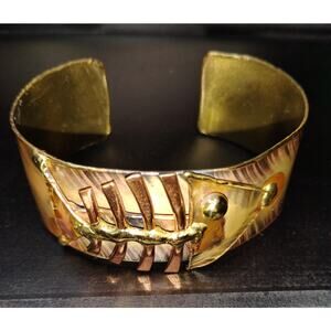 Artisan-Made Vintage Gold-Tone Fish Skeleton Cuff Bracelet